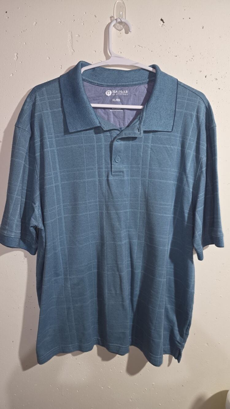 Haggar Blue Plaid Cotton Blend Polo Shirt Mens XL
